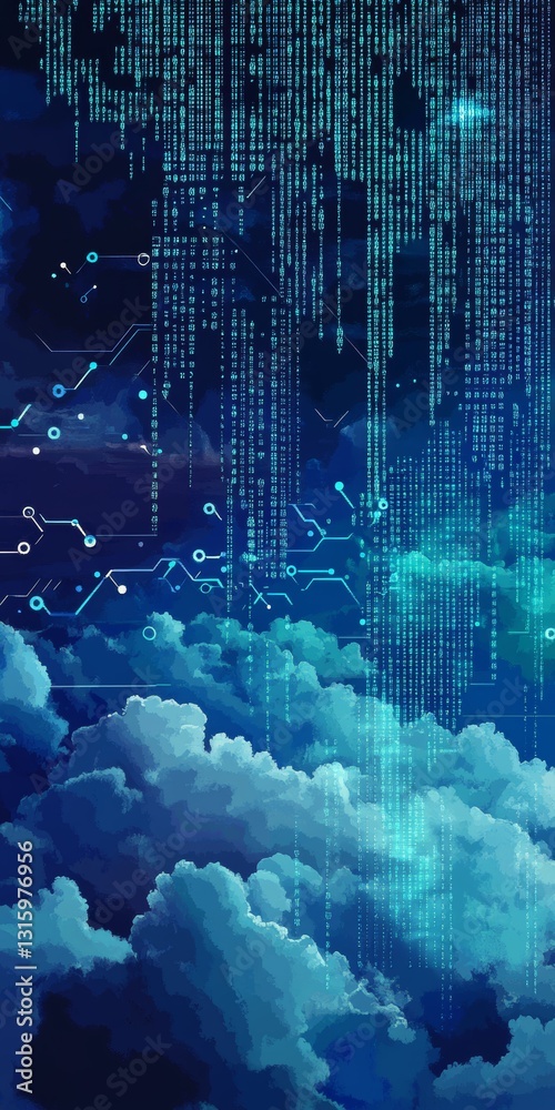 Poster this abstract digital artwork features clouds and binary code elements, creating a futuristic atmosp