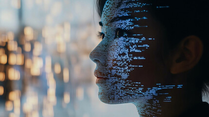 Man with binary code overlay in a digital art style