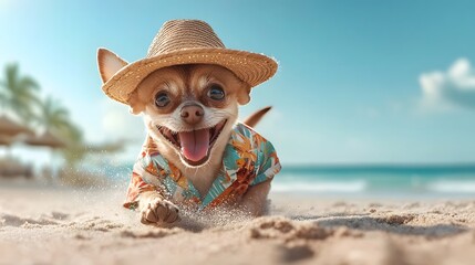 Chihuahua in a sun hat and tiny Hawaiian shirt excitedly running near the water s edge leaving tiny paw prints in the sand at a tropical beach