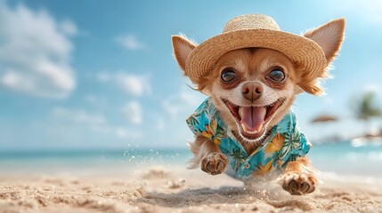 Excited Chihuahua in Sun Hat and Hawaiian Shirt Happily Running Near Coastal Water s Edge Leaving Tiny Paw Prints in the Sand   Vibrant Summertime Beach Scene with Copy Space