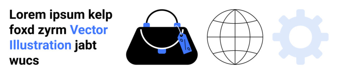 Designer handbag with tag, global network sphere, and gear symbol for fashion, connectivity, and innovation. Ideal for retail, e-commerce, technology, global trade fashion branding collaboration