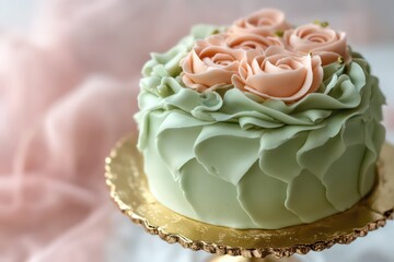 Pistachio sponge cake with a floral rose finish on a shimmering gold stand