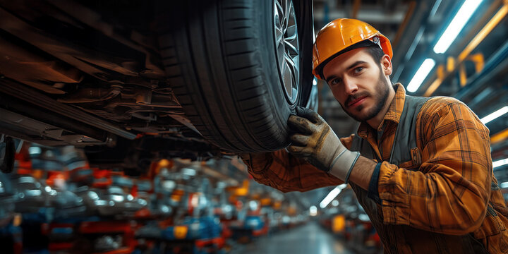 Engineer is inspecting the assembly process in a large automobile factory, ensuring everything is in order and meeting quality standards