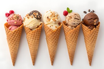 Delicious assortment of ice cream cones in a row with various flavors and toppings displayed