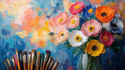 Fototapeta premium Colorful flower bouquet on artist's palette with paintbrushes