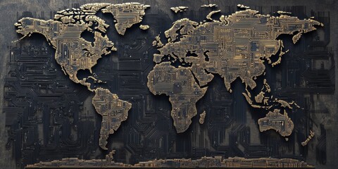 This artistic representation of the world map integrates circuit board design elements, symbolizing global connectivity and technology's role in communication and exploration.