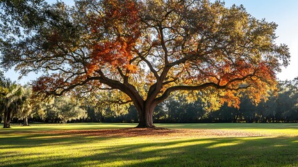 Naklejka premium Majestic oak tree in autumn, displaying vibrant red and orange leaves, standing in a sunlit field.