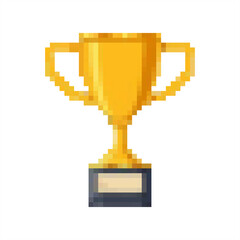 Golden pixel trophy cup isolated on white background. Symbol of Victory. Flat design. Vector illustration.