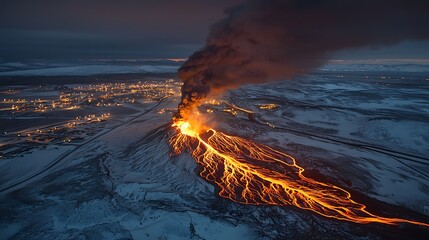 Fototapeta premium Volcanic eruption near industrial complex at night. Lava flows across snowy landscape