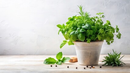 A vibrant collection of fresh culinary herbs in a rustic pot, complemented by scattered peppercorns on a light wooden surface, creating a tranquil and inviting kitchen scene.
