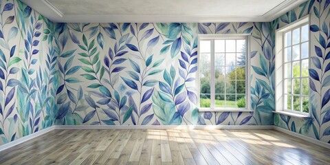 Obraz premium Empty Room with Watercolor Leaf Wall Mural and Sunlight Streaming Through Windows