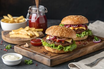 Delicious homemade hamburgers on wooden board served with french fries and ketchup for lunch