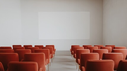 Modern Empty Conference Room with Orange Chairs and Blank Projection Screen for Presentations and Meetings
