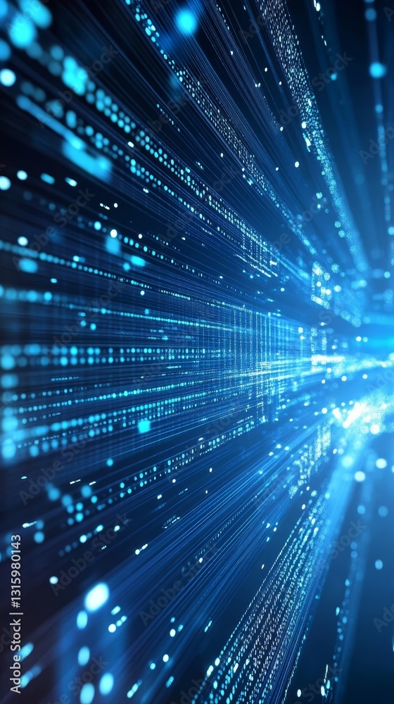 Poster dynamic abstract design featuring glowing blue light rays creating a sense of depth and movement. id