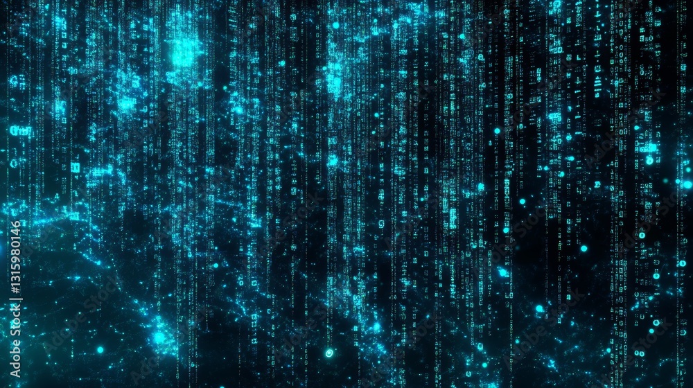 Poster abstract digital background featuring glowing blue binary code resembling a matrix rain effect, perf