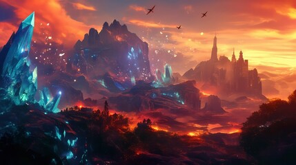 Obraz premium Fantasy Landscape Majestic Crystal Mountains and a Sunset Kingdom