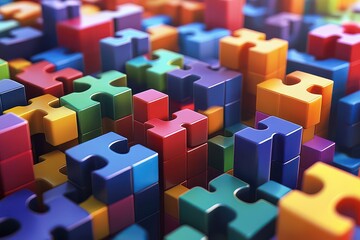 Obraz premium Colorful interlocking puzzle pieces scattered on a surface, creating a playful and vibrant scene