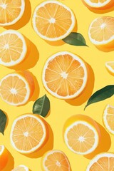 Obraz premium Vibrant lemon halves and green leaves on a bright yellow background creating a refreshing and cheerful visual mood perfect for summer themes