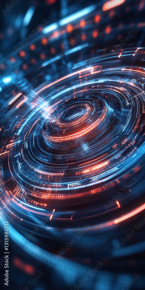 Poster this abstract digital background features bright circular patterns with vibrant lights, creating a d