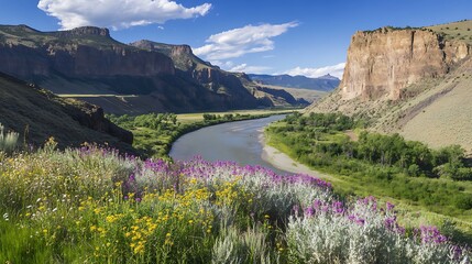 Wildflowers bloom along a scenic river valley with towering cliffs under a vibrant blue sky.