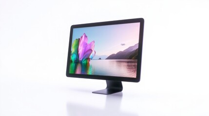 Fototapeta premium Sleek Black Desktop Computer Screen Mockup with Vibrant Nature Image