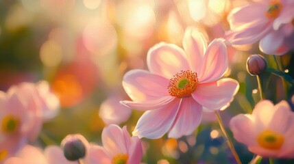 Pink flowers sunset garden nature background, greeting card