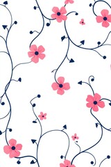 Pink flowers, vines, white background, floral pattern, textile design