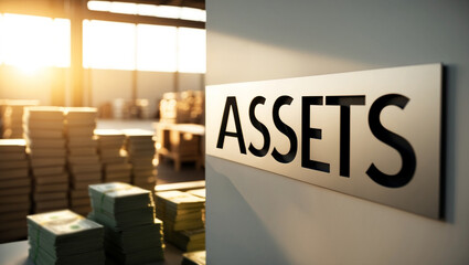 A modern Assets sign showing stacks of cash, warehouse inventory shelves, and a large industrial factory emphasizing a professional and financial atmosphere.
