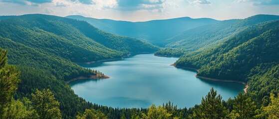 Fototapeta premium Serene lake nestled among lush green mountains offering a tranquil escape into nature with a panoramic view from above on a sunny day