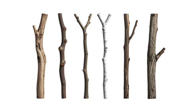 Dry branches and wooden twigs in a simple arrangement, botanical specimens with raw materials and natural patterns, isolated PNG