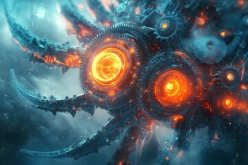 Fototapeta premium Experience a stunning artwork showcasing a surreal transformation of robotic gears, blending vibrant colors with intricate details to evoke a sense of wonder.