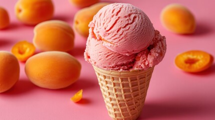 Delightful apricot ice cream cone on pink backdrop capturing summer freshness and fruity flavor in a simple still life photography for food blog