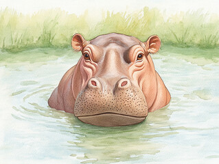 Watercolor Hippo Portrait