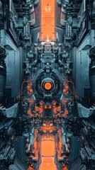 Experience a striking composition of abstract robotic elements that create a cohesive and symmetrical design, showcasing vibrant colors and intricate details.