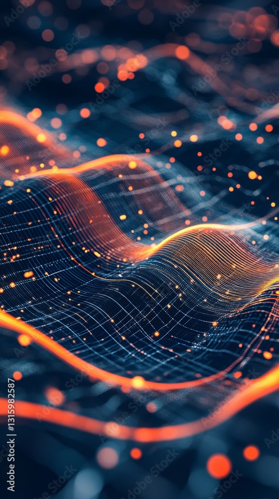 Poster abstract digital waves with illuminated data streams in a futuristic matrix