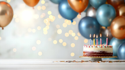 Delicious Birthday Cake With Lit Candles And Colorful Balloons Festive Celebration Backdrop With Bokeh Lights