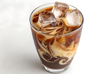 Iced coffee with cream swirls and ice cubes in a glass on white background, refreshing drink