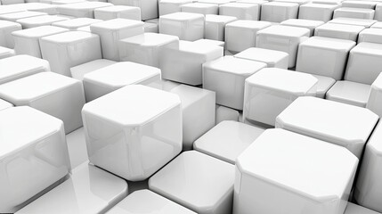 Abstract Arrangement of Smooth White Cubes in a Monochrome Geometric Landscape with Modern Aesthetic and Depth of Field Perspective