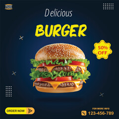 Delicious Burger Social Media Post Design Template, Vector Design