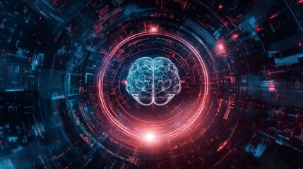 Obraz premium Digital artwork depicting a brain surrounded by vibrant colors and futuristic designs. This visualization represents concepts of technology, intelligence, and neural networks.