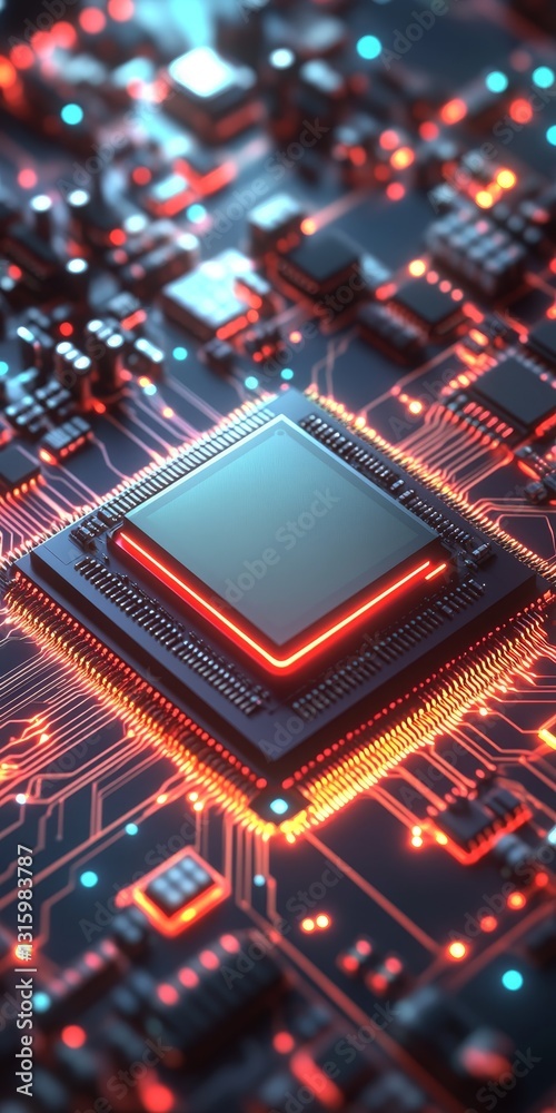 Poster close-up view of colorful circuit board with microprocessor at center