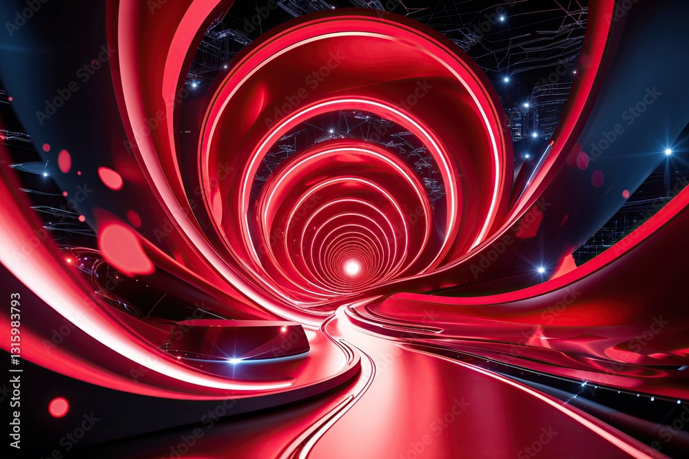 Poster dynamic three-dimensional red background featuring swirling lights and advanced blockchain technolog