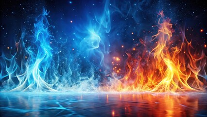 Abstract fiery and icy spectacle a dramatic clash of elements reflecting on a dark surface