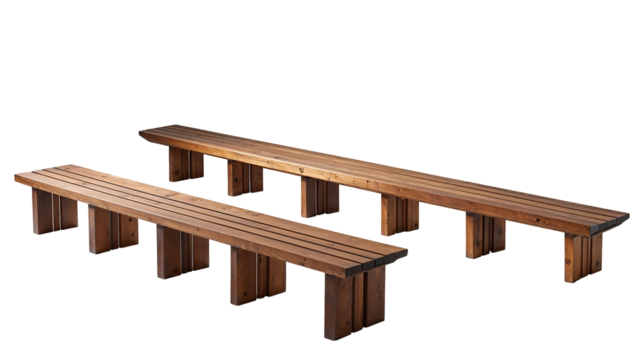 Long wooden benches with a minimalist design, rustic outdoor seating with natural wood texture and geometric shapes, isolated on transparent background