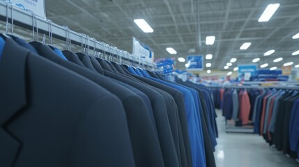 Obraz premium Neatly Arranged Suits Hanging on a Rack in a Clothing Store Showcasing Variety for Formal Wear and Professional Attire