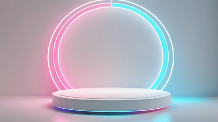 3D Neon Colors Circular Podium in Bright white Room for Technology Concept Product Display