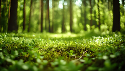 Fototapeta premium Sunlit Leaves with Bokeh in a Lush Green Forest