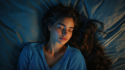 Woman sleeping peacefully on blue bedding with warm lighting on face. Sleep disorder treatments, bedroom decor, wellness programs