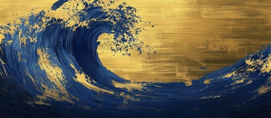 Abstract wave design features a rich blend of golden and indigo blue hues.