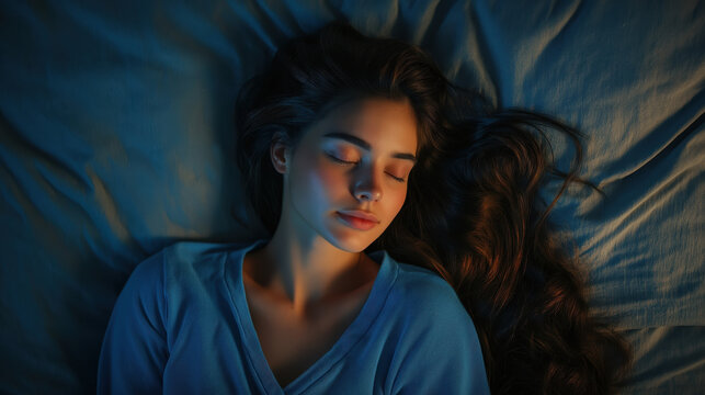 Woman sleeping peacefully on blue bedding with warm lighting on face. Sleep disorder treatments, bedroom decor, wellness programs